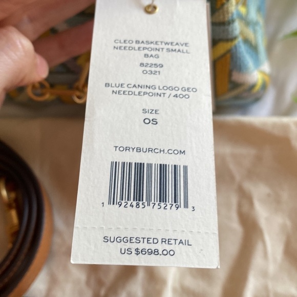 Tory Burch Cleo Basketweave Blue Caning Logo Geo Needlepoint Small Bag - Picture 13 of 15